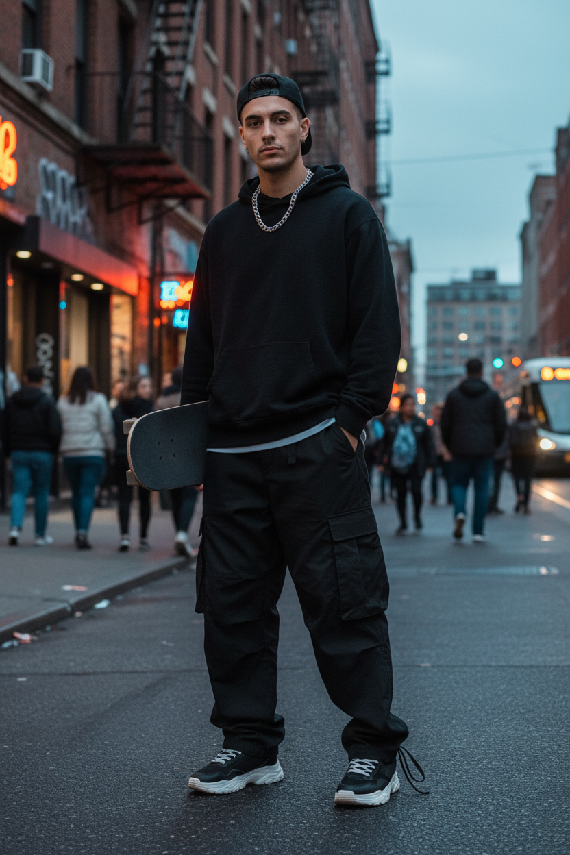 Baggy Cargo Pants - Black Street Style